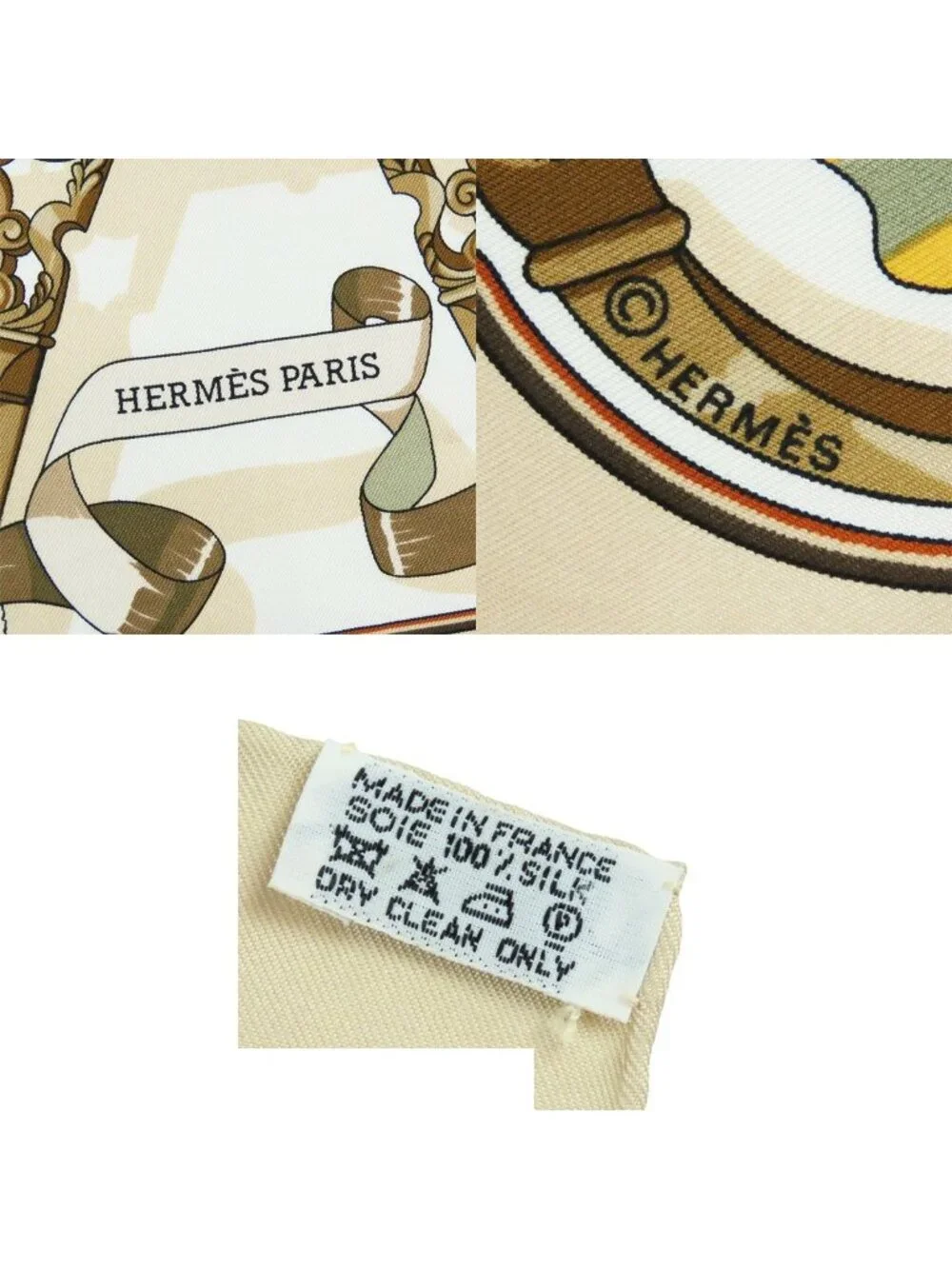 Hermes Carre 90 Beige Brown Silk Copeaux Sawdust Horse Pattern Tool Scarf